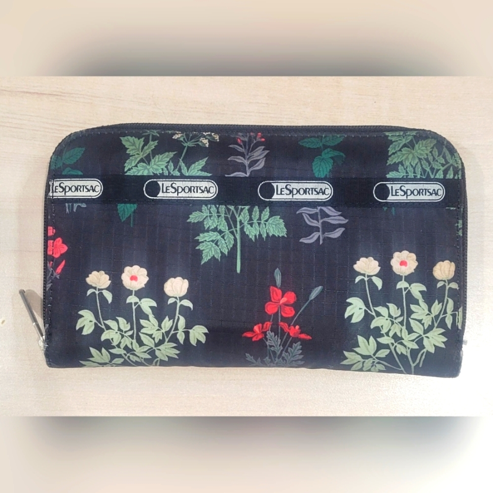 LeSportsac Black Floral Zip Wallet with flower motif